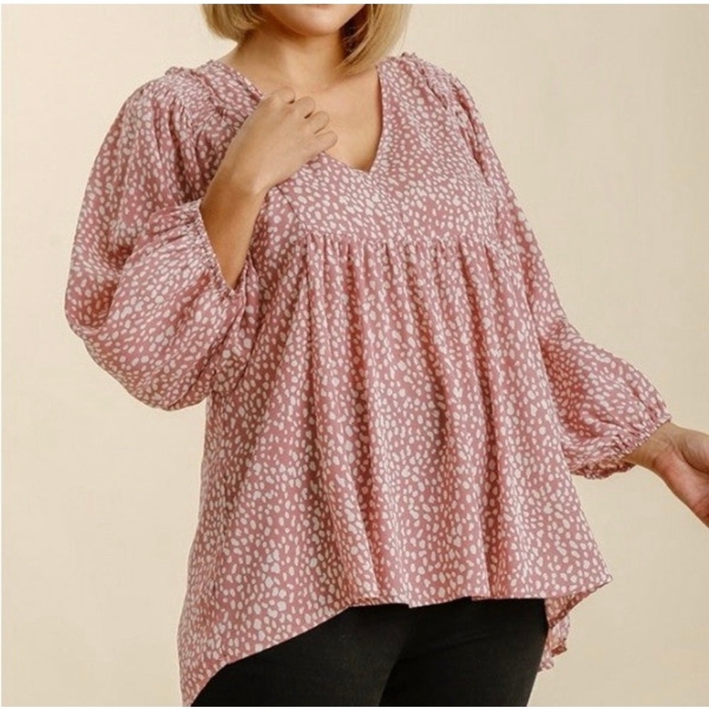 Umgee Small S Babydoll Top Animal Print Peasant Boho Girly V-nck Balloon Sleeve